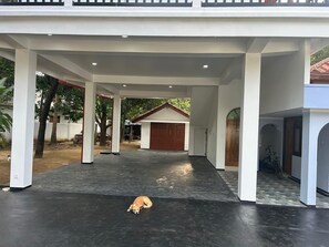 A covered outdoor area with a concrete floor, a dog lying down, and a garage in the background.