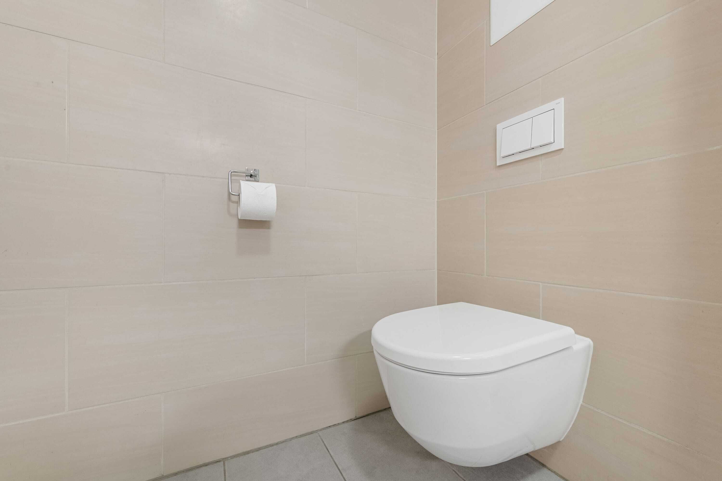 Un baño con inodoro blanco, dispensador de papel higiénico y una palanca de descarga en la pared.