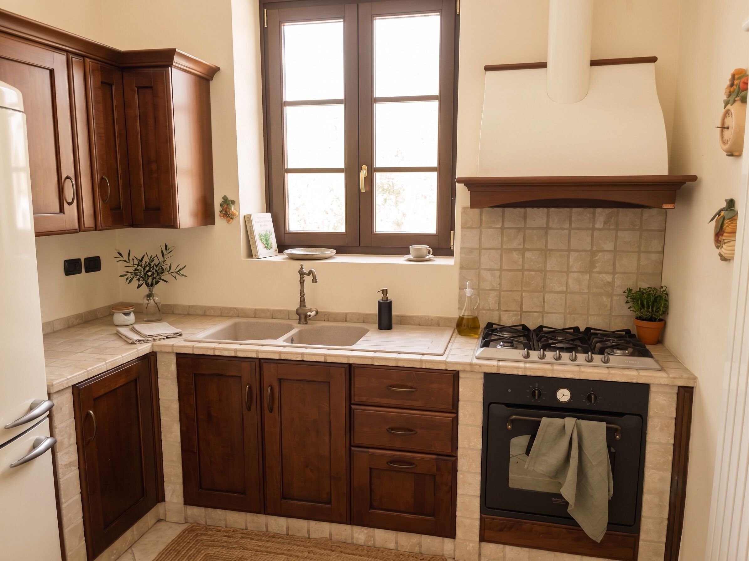Una cucina con mobili in legno, un lavello doppio, un fornello a gas e una finestra vista.