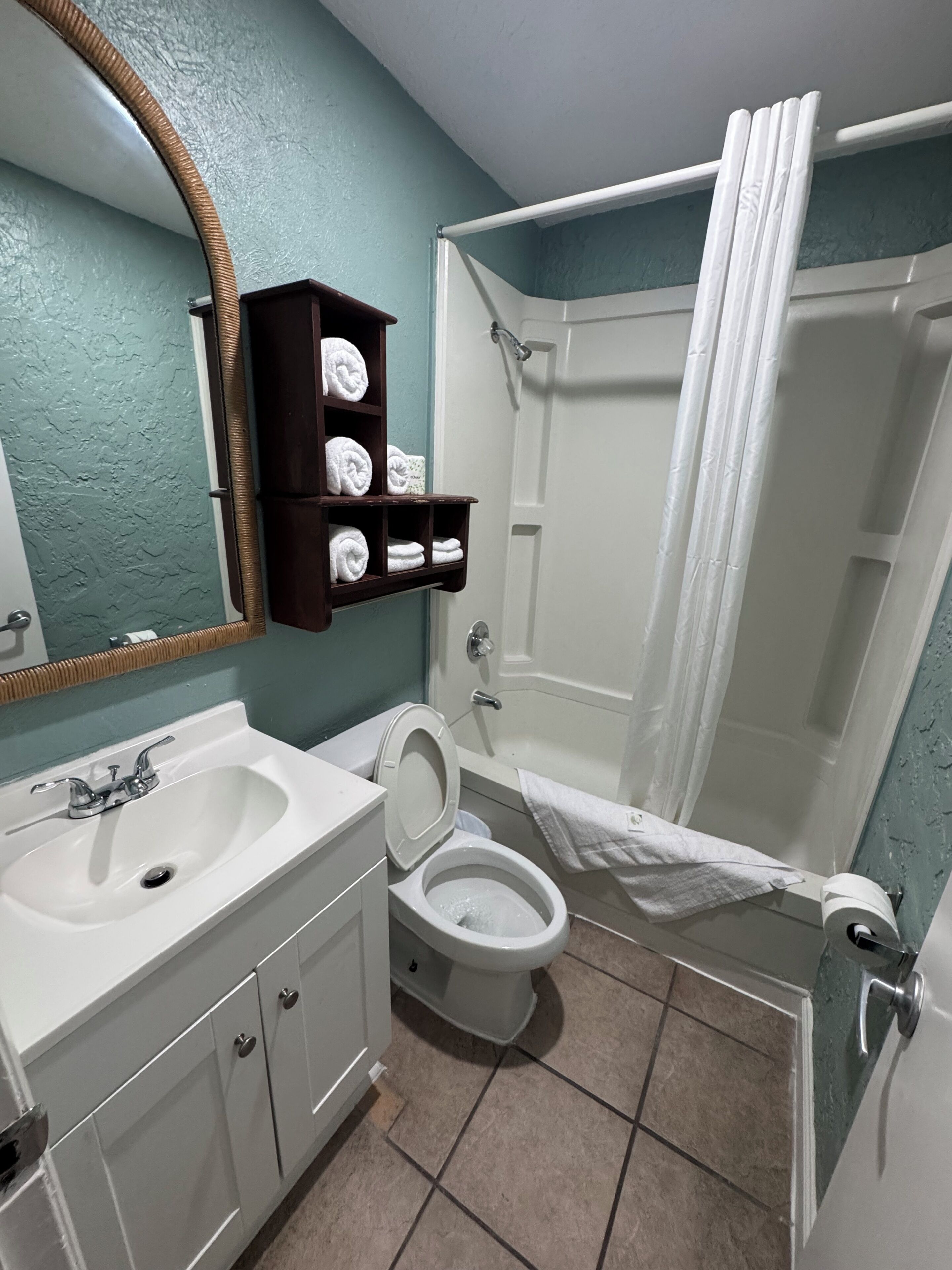 Une salle de bain avec un lavabo, des toilettes et une douche. On y trouve un porte-serviettes avec des serviettes et un miroir au-dessus du lavabo.
