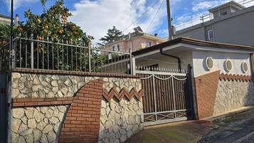 A gated residential area with a stone wall, a metal gate, and a paved driveway.