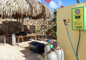 Ein Druckanzeiger für Tanks, ein Gebäude mit Strohdach und Sitzgelegenheiten im Freien.