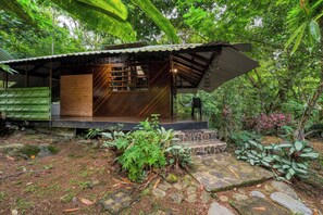 A rustic cabin with a wooden exterior, a stone staircase leading to a porch, and lush greenery surrounding the structure.