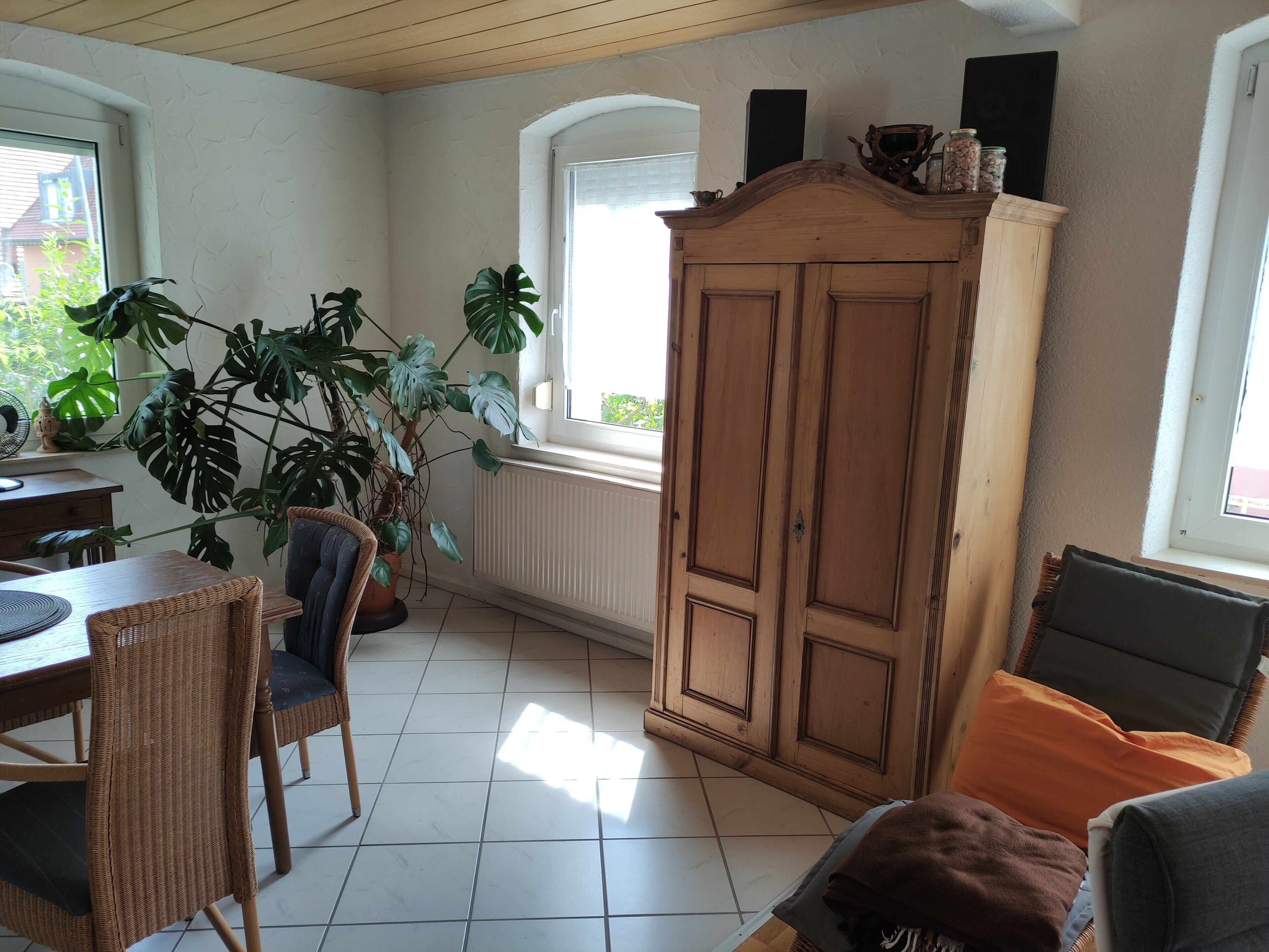 Quarto com mesa de jantar, cadeiras, uma grande planta em vaso, um armário de madeira e janela com vista.