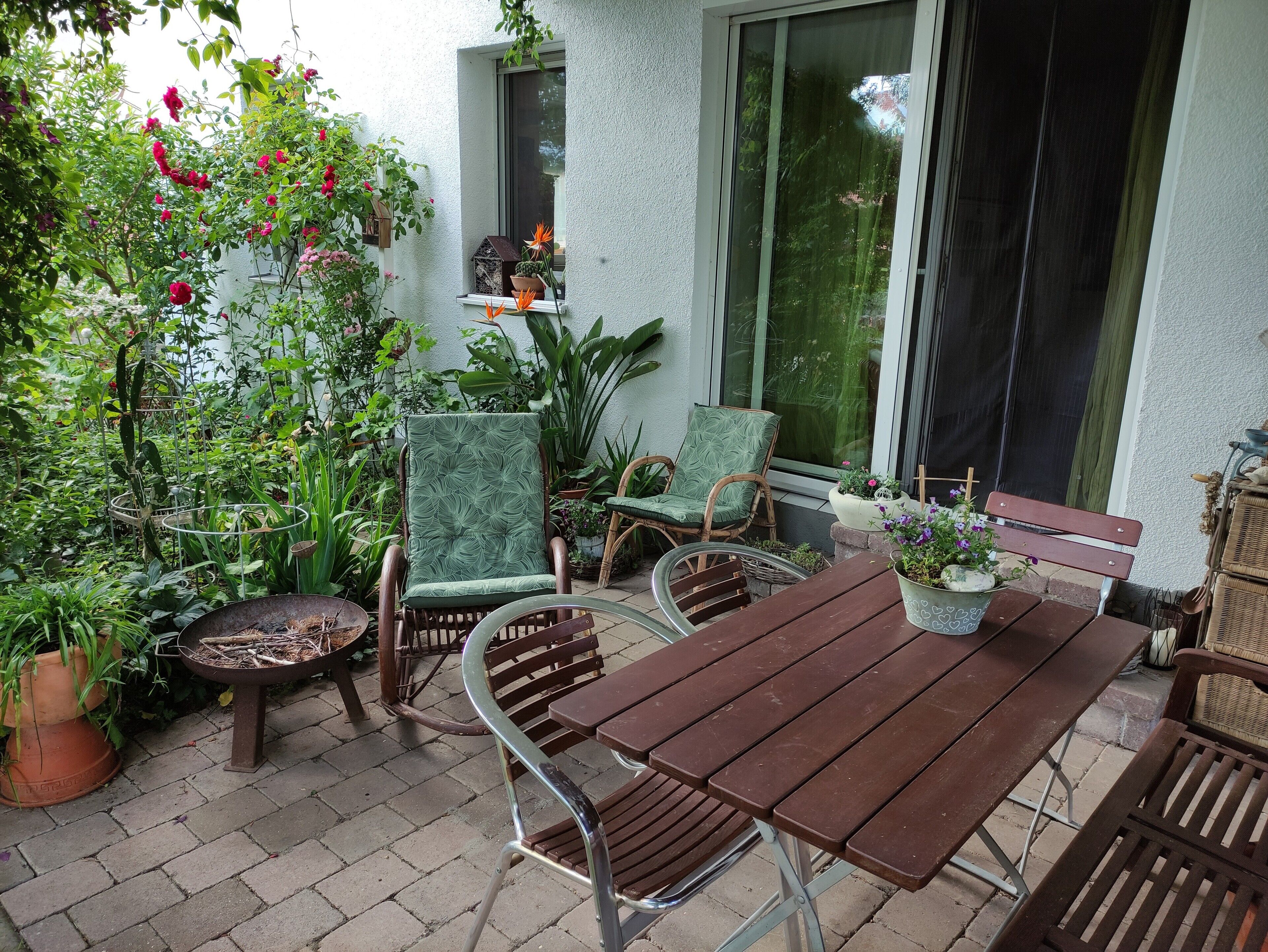 Une terrasse avec une table et des chaises en bois, entourée de plantes en pot et d’une variété de verdure.