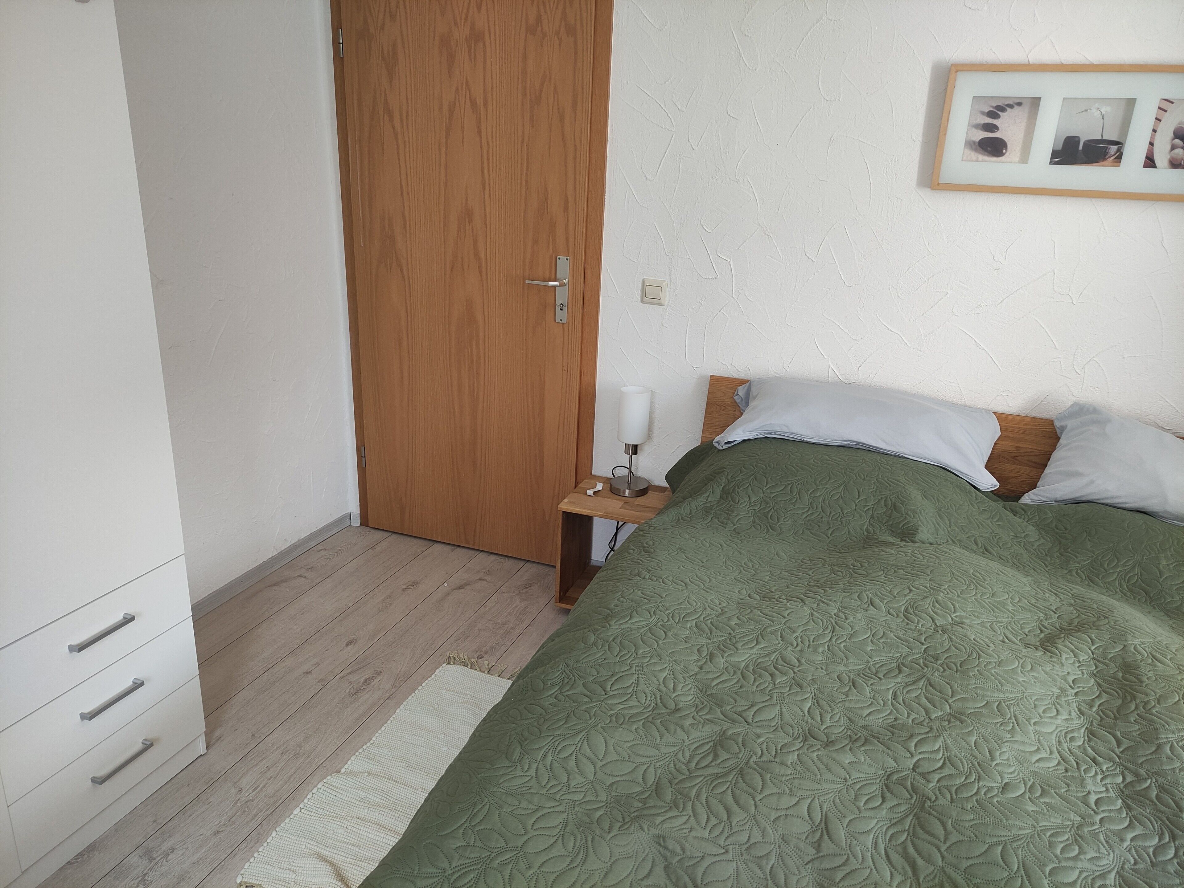A bedroom with a wooden door, a bedside table with a lamp, a bed with green bedding, and a framed picture on the wall.