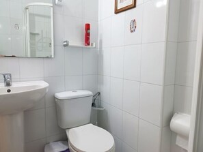 Een kleine badkamer met toilet, wastafel en spiegel.