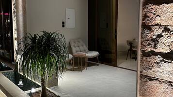 A modern outdoor seating area with a potted plant, a cushioned chair, and a glass door leading to a room.