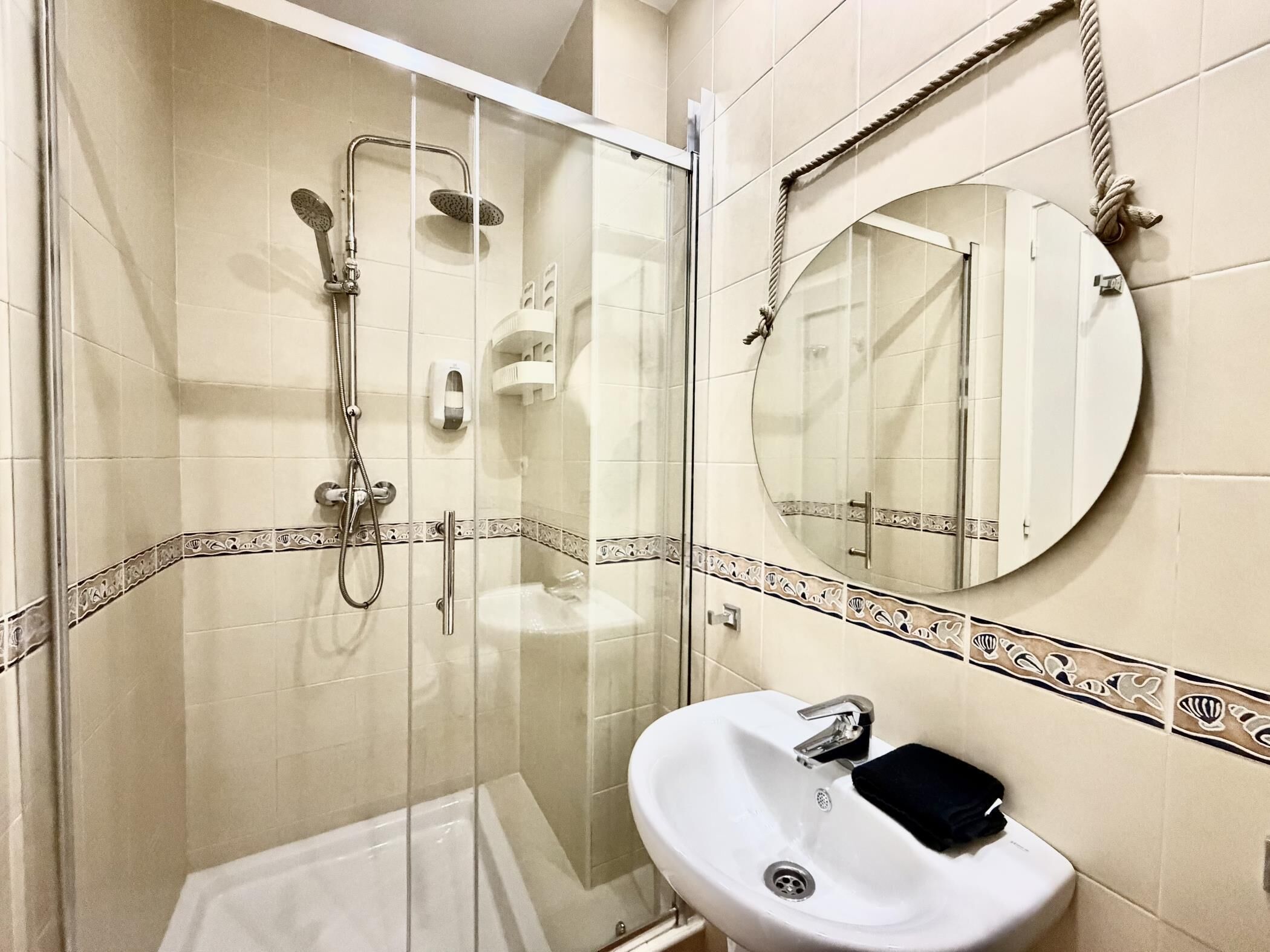 Shower, hair dryer, towels, toilet paper
