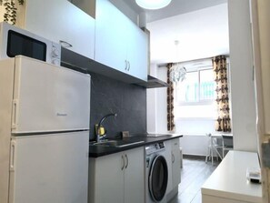 Cozinha compacta com geladeira, máquina de lavar e pia.