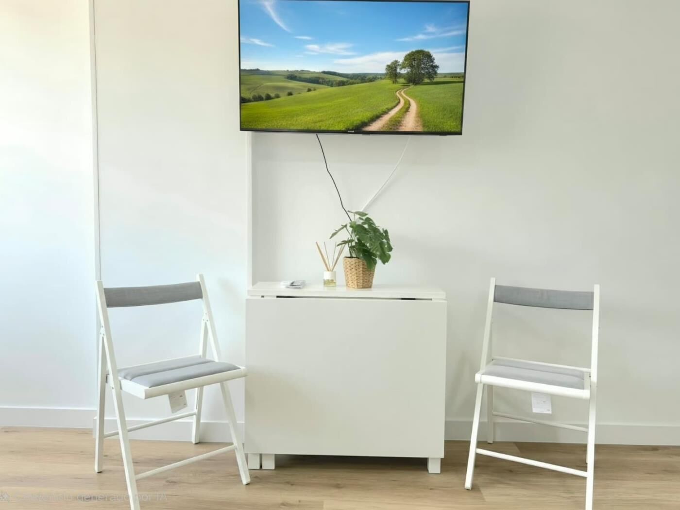 A room with a white desk, two chairs, a television mounted on the wall, and a potted plant on the desk.