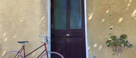 Ein Fahrrad steht vor einer Tür mit einem Fenster, daneben ein Blumentopf.