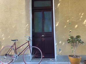 A bicycle parked in front of a door with a window, and a potted plant beside it. - One of a kind! In a Provençal village, a spacious apartment with access to our bookstore (Courthézon)