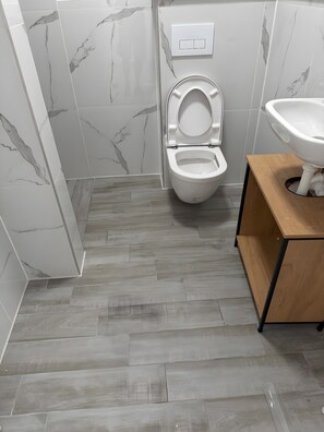 A bathroom with a toilet, a sink, and a wooden vanity. - Arlinda Apartment with Shared Terrace and Wi-Fi (Ettenheim)
