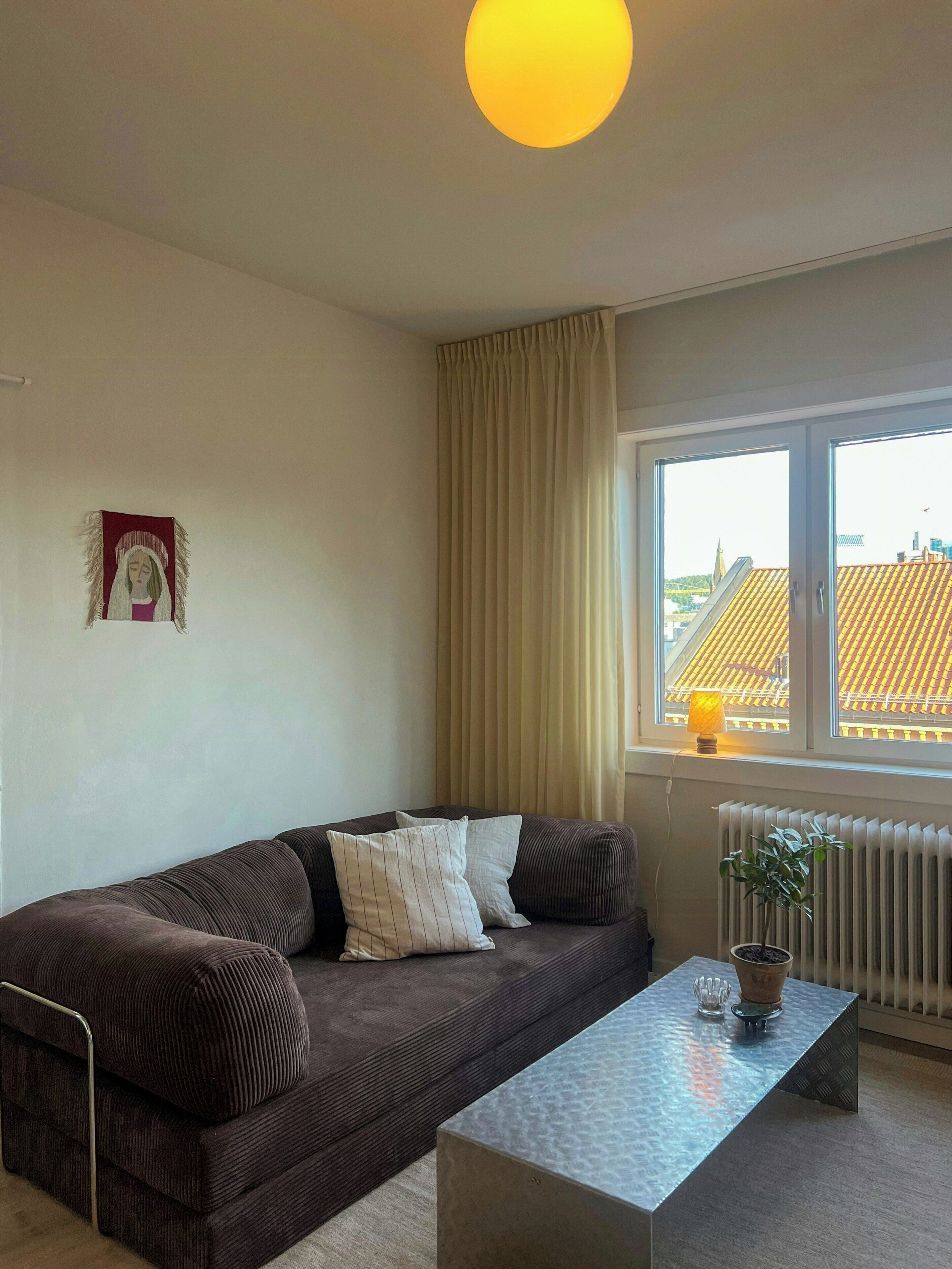 Un salon avec un canapé, une table basse, une fenêtre avec des rideaux, un radiateur et une plante.