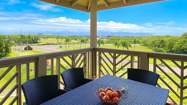 Un área de estar al aire libre techada, con una mesa y sillas, una cesta de fruta y vistas a un paisaje verde con árboles y una carretera.