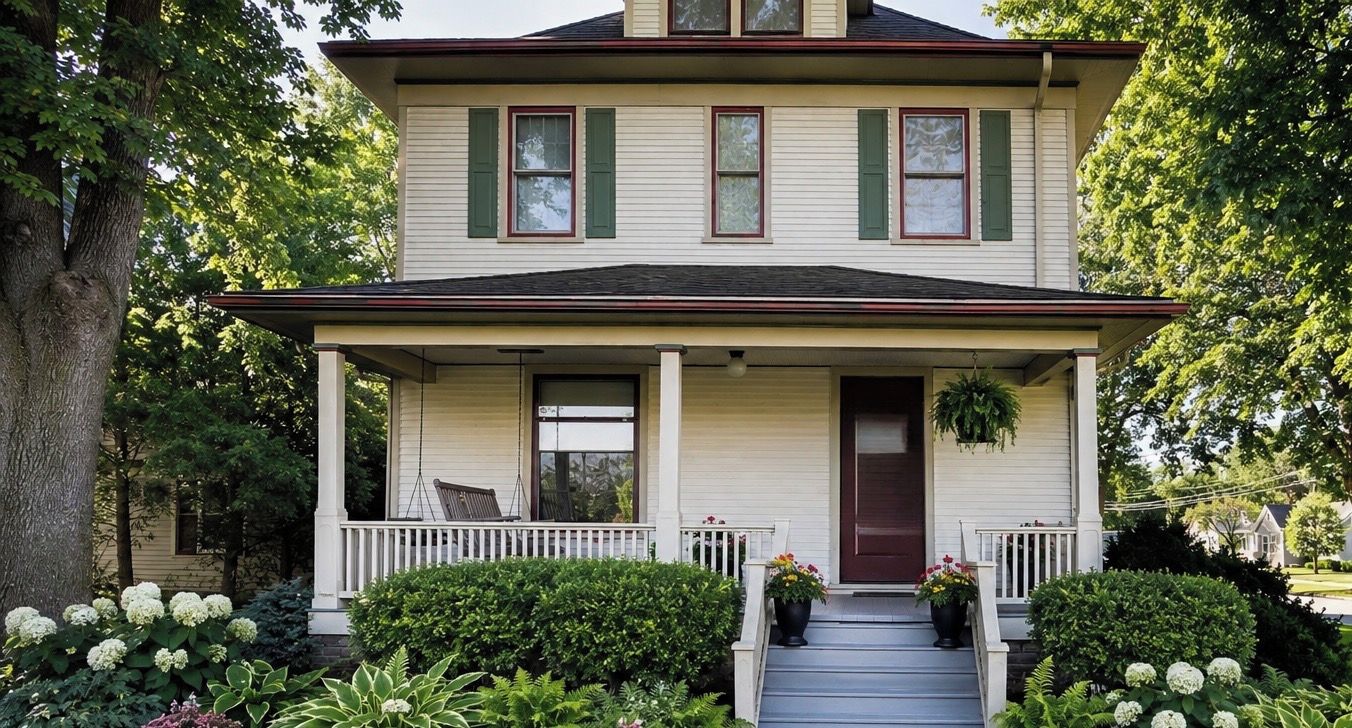 A two-story house with a porch, a front door, and a staircase leading to the entrance.