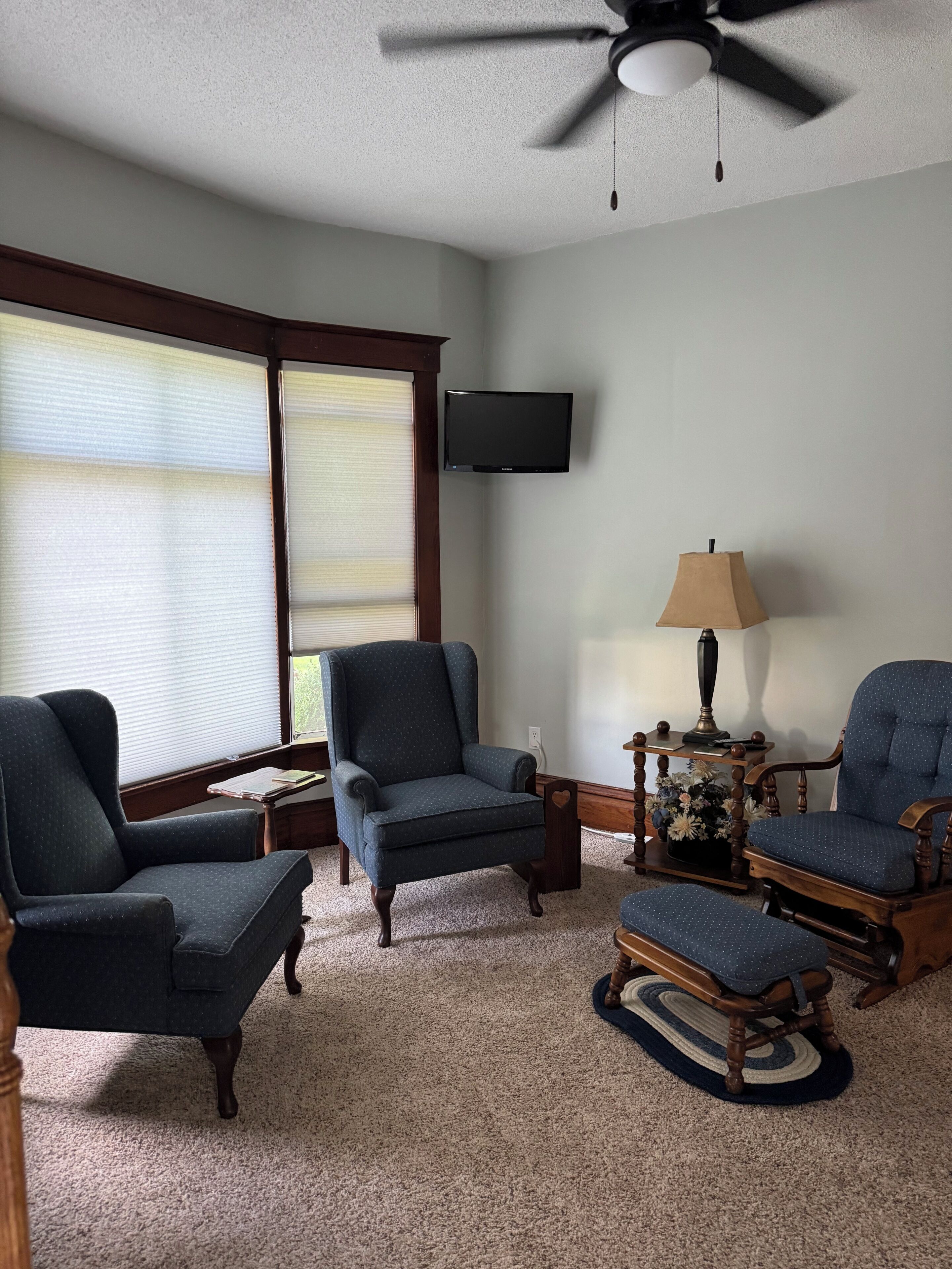 A living room with a ceiling fan, a flat-screen TV mounted on the wall, and a lamp on a side table.