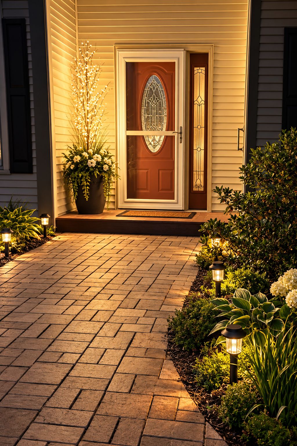 A house entrance with a wooden door, a potted plant, and a brick pathway.