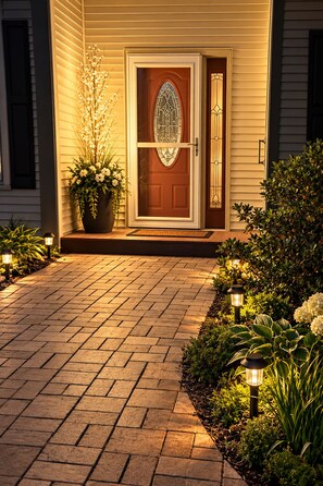 A house entrance with a wooden door, a potted plant, and a brick pathway.