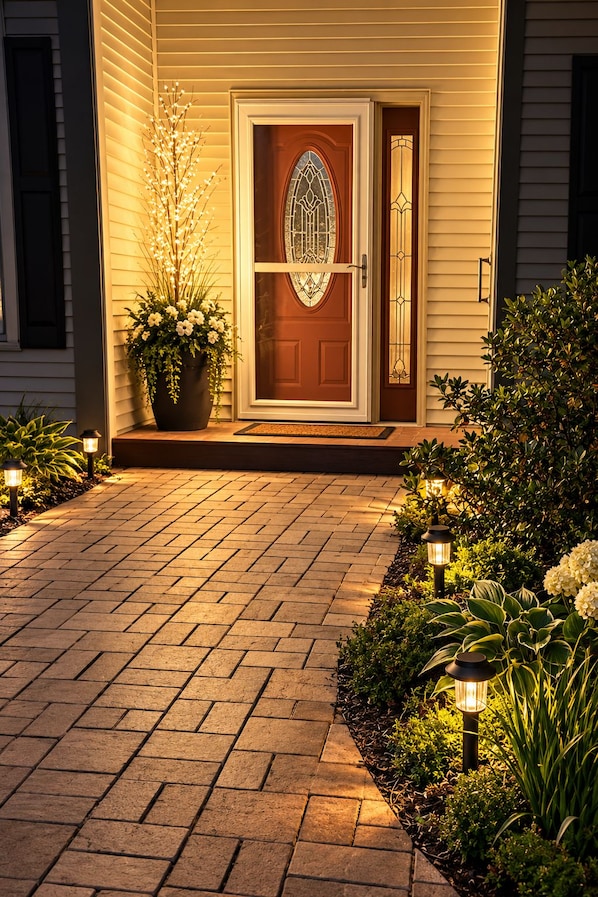 A house entrance with a wooden door, a potted plant, and a brick pathway.