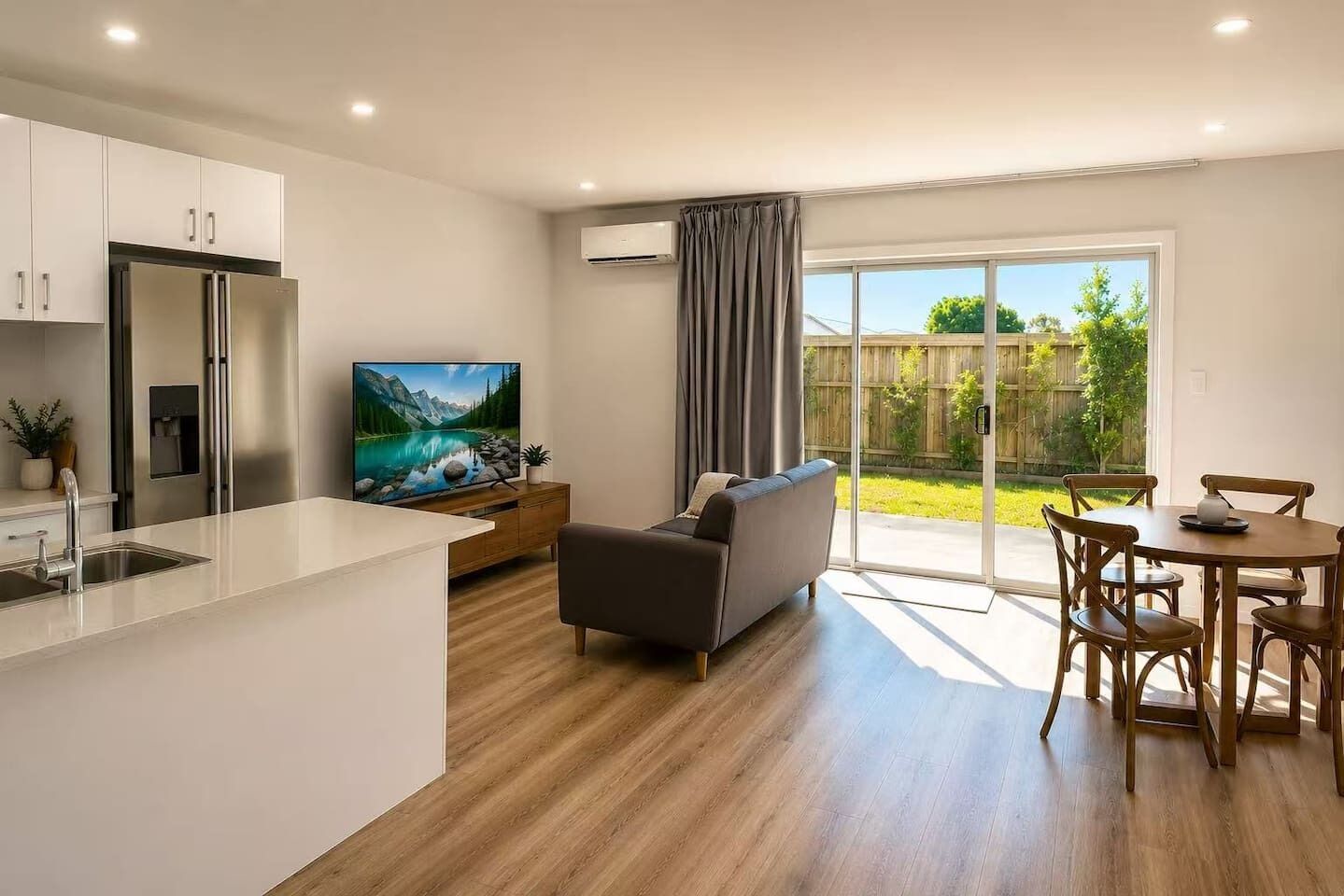 Una cocina moderna con refrigerador incorporado, una zona de comedor con mesa y sillas de madera, un sofá y un televisor grande.