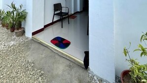 Un espacio al aire libre cubierto con una pared blanca, una puerta, una silla y plantas en macetas.