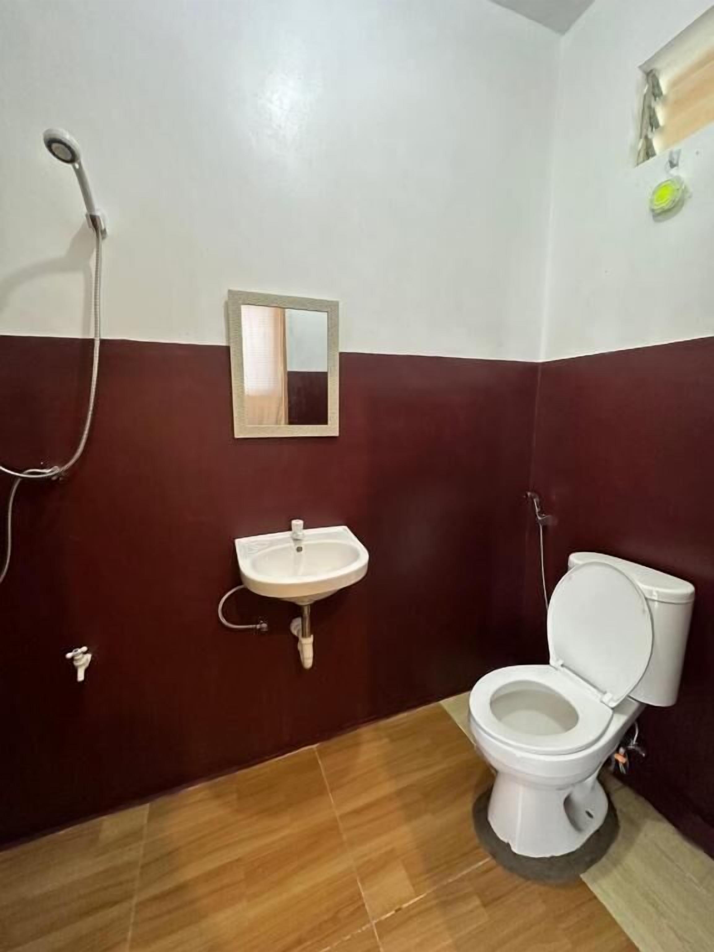 A bathroom with a white toilet, a sink, and a shower.