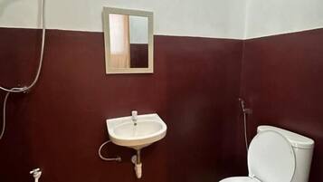 Casa de banho com sanita branca, lavatório e chuveiro.