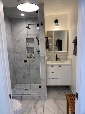 A bathroom with a shower, toilet, sink, and mirror. - The Studio - Downtown Jacksonville (Jacksonville)
