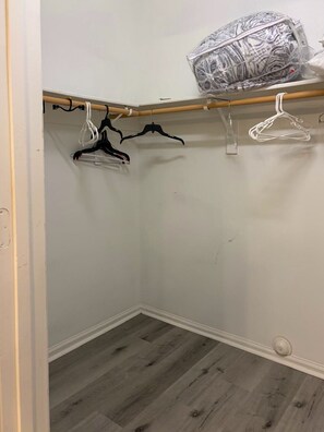 A walk-in closet with a wooden floor, a white door, and a hanging rod with several hangers.