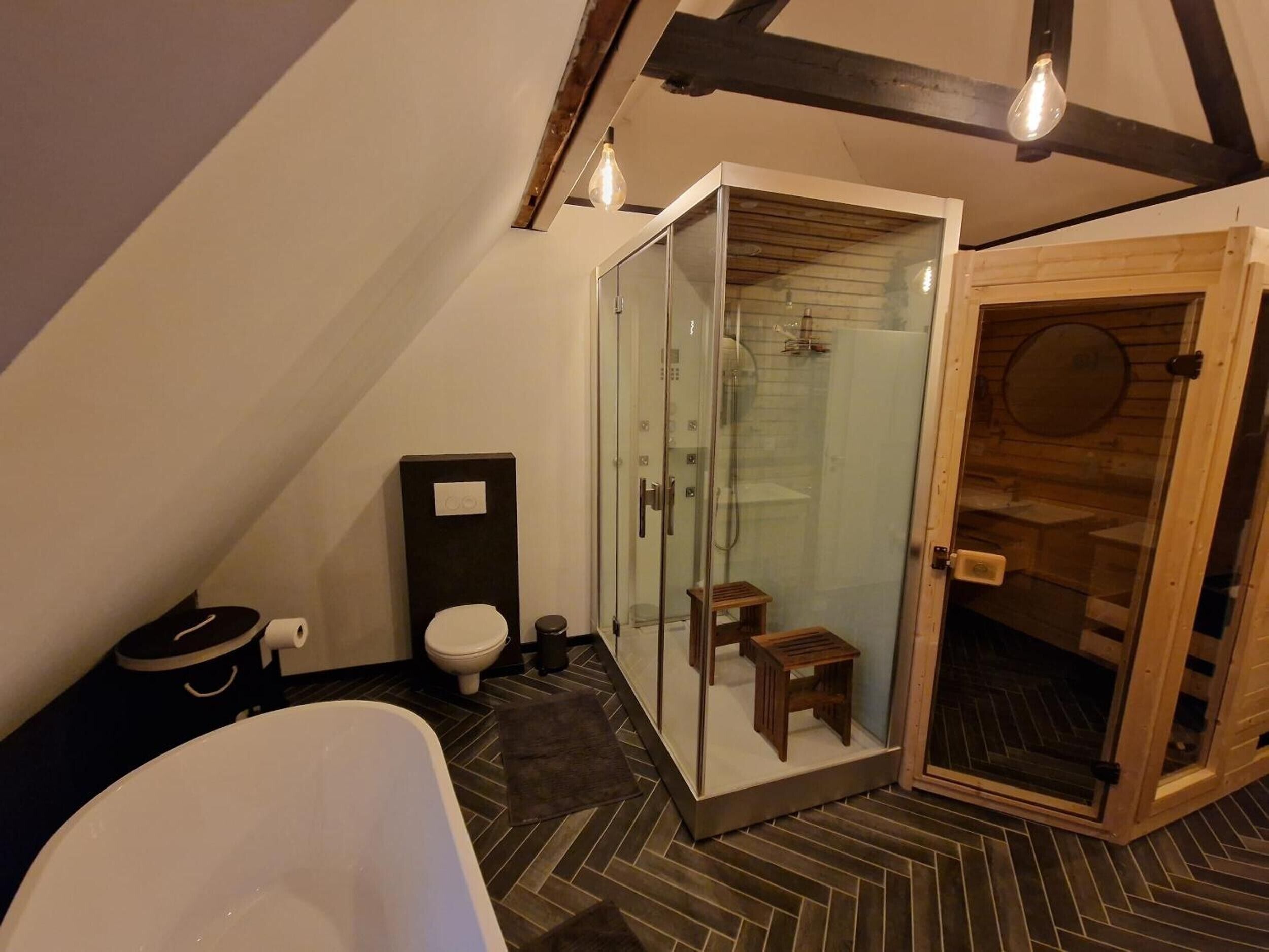 A modern bathroom with a glass-enclosed shower, a bathtub, and a toilet.