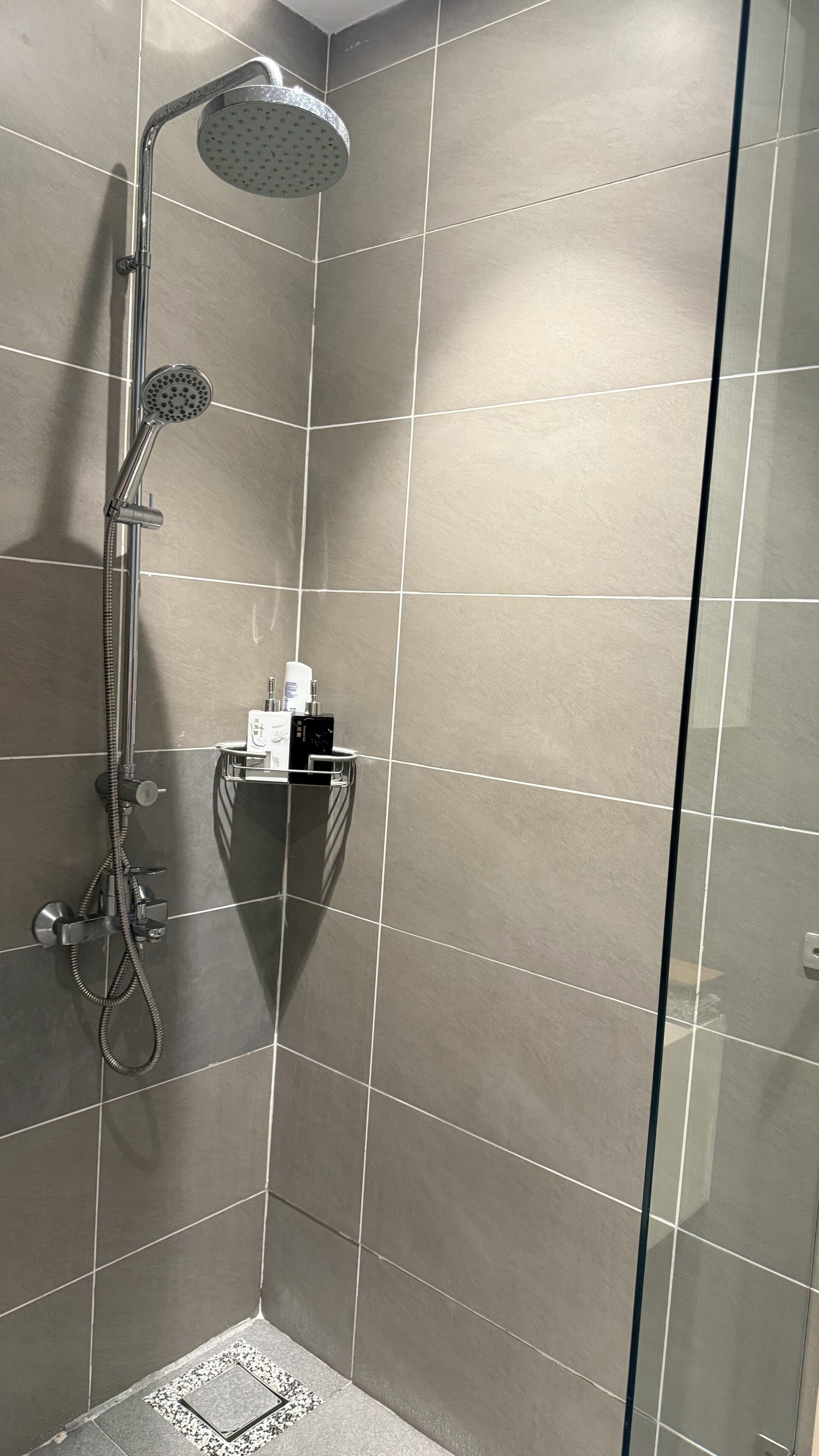 A shower with a handheld showerhead and a wall-mounted rain showerhead, a soap dispenser, and a small shelf with toiletries.