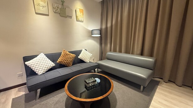Un salon moderne avec un canapé gris, une table basse noire et des coussins décoratifs.
