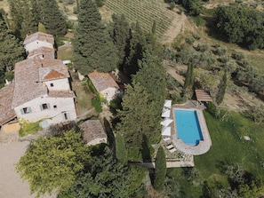 Uma villa com piscina, rodeada por vegetação exuberante e um vinhedo ao fundo.