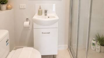 Shower, towels, soap, toilet paper