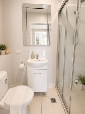 Un baño con inodoro, lavabo, espejo y ducha.