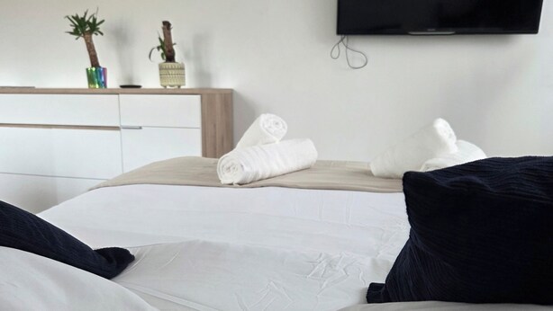 A hotel room with a bed, a flat-screen TV mounted on the wall, and a bedside table with a plant and a bottle. - Cozy beachfront studio (Brem-sur-Mer)