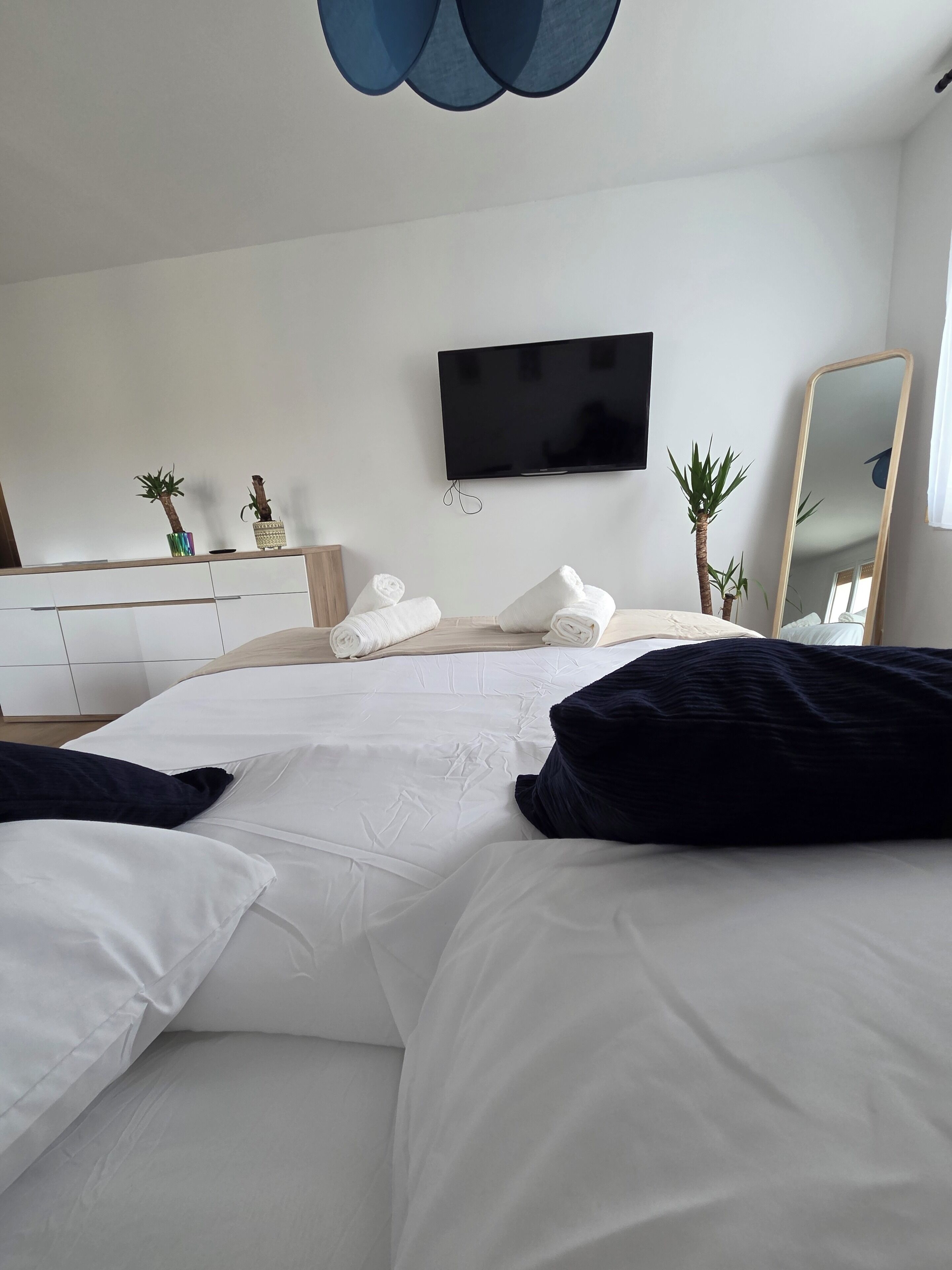 Ein modernes Schlafzimmer mit einem Bett, einem Flachbildfernseher, einem Spiegel und zwei Zimmerpflanzen.