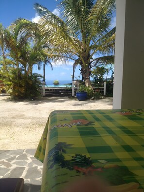 A room with a view of a beach and palm trees, a checkered bedspread, and a potted plant.
