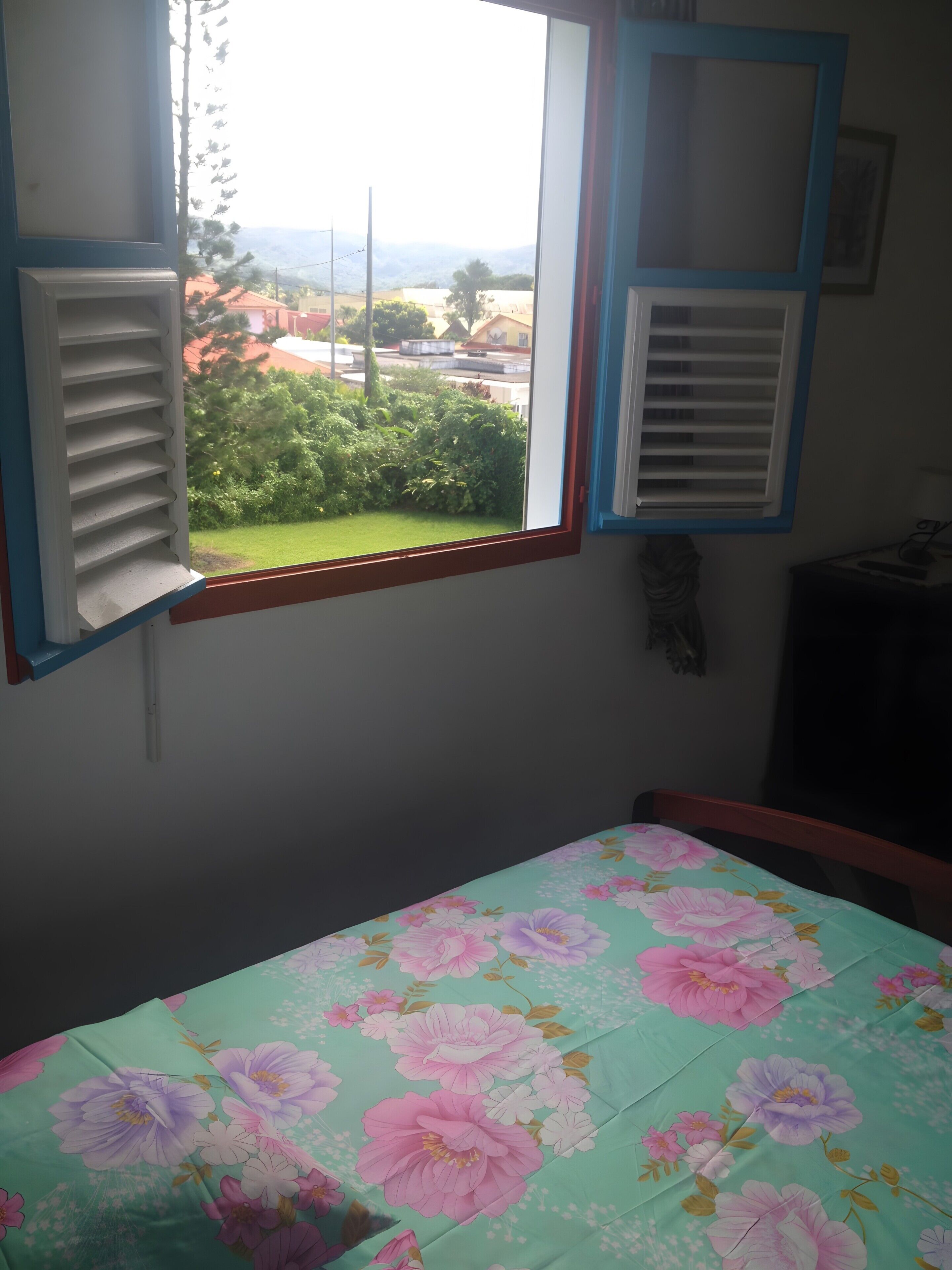 Une chambre avec un lit recouvert d’une literie à motifs floraux, une fenêtre avec des volets et une vue sur la verdure et les bâtiments à l’extérieur.