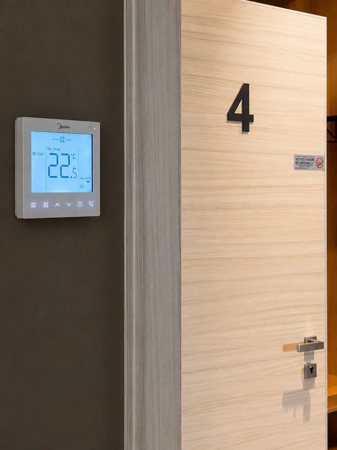 A thermostat displaying a temperature of 22.5°C, a door with the number 4, and a 'No Smoking' sign.
