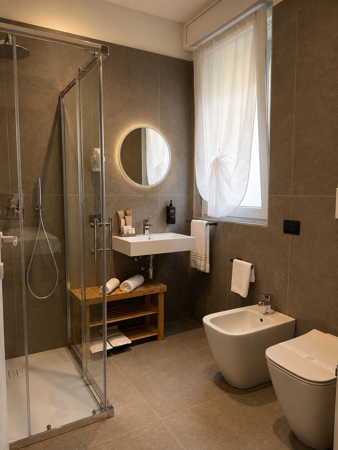 Ein modernes Badezimmer mit einer gläsernen Duschkabine, einem runden Spiegel, einem Waschbecken, einem Bidet und einer Toilette.