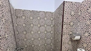 Un bany amb rajoles decorades, un vàter i una dutxa.