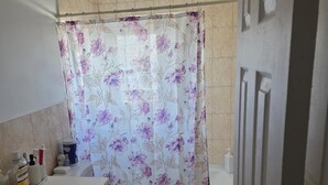 Casa de banho com sanita, lavatório e cortina de chuveiro. Artigos de higiene pessoal estão sobre a bancada.