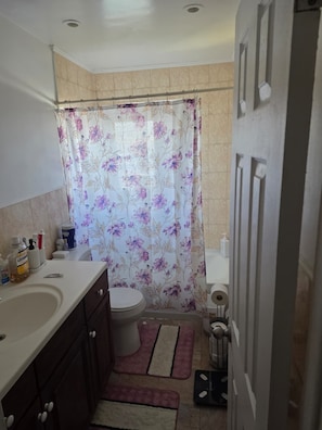 A bathroom with a toilet, sink, and shower curtain. There are toiletries on the counter. - Serene Oasis - near JFK Airport, LIRR Train & USB (Queens)