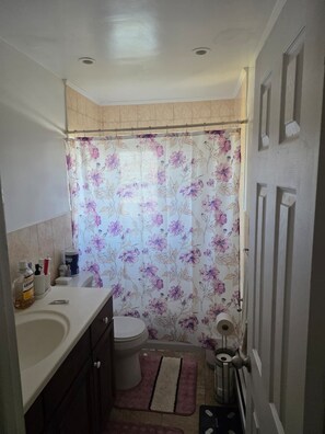 Een badkamer met toilet, wastafel en douchegordijn.