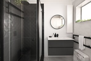 A modern bathroom with a glass-enclosed shower, a round mirror, a white sink, and a dark-toned vanity. - Sea Point 2bed Home Spacious Central Secure (Cape Town)