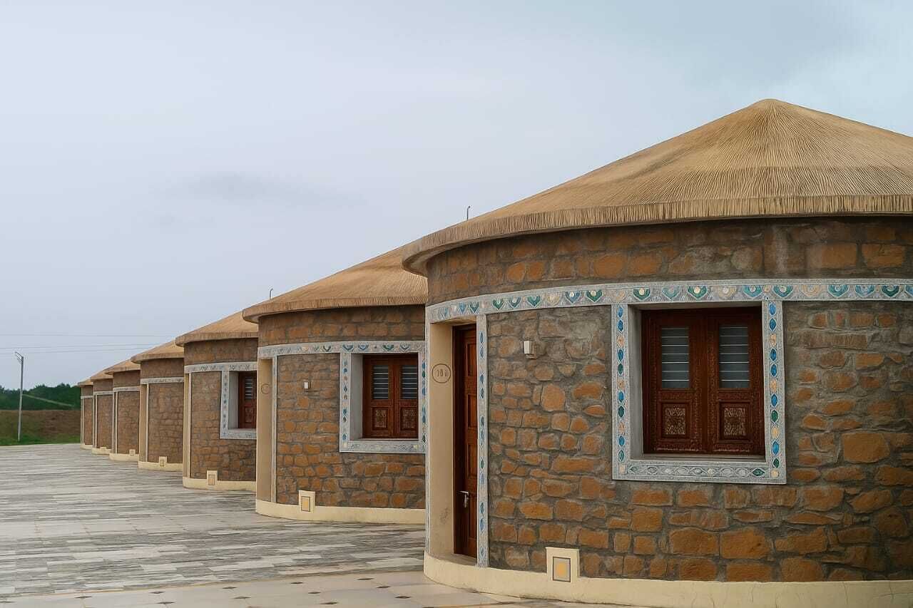 A row of stone buildings with circular roofs and decorative window frames.