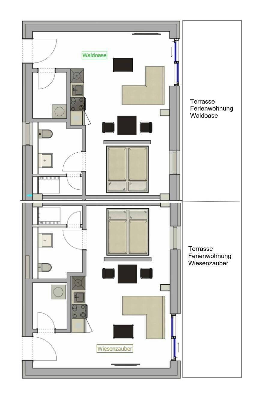 Plano de un hotel con dos dormitorios, cocina, sala de estar y terraza.